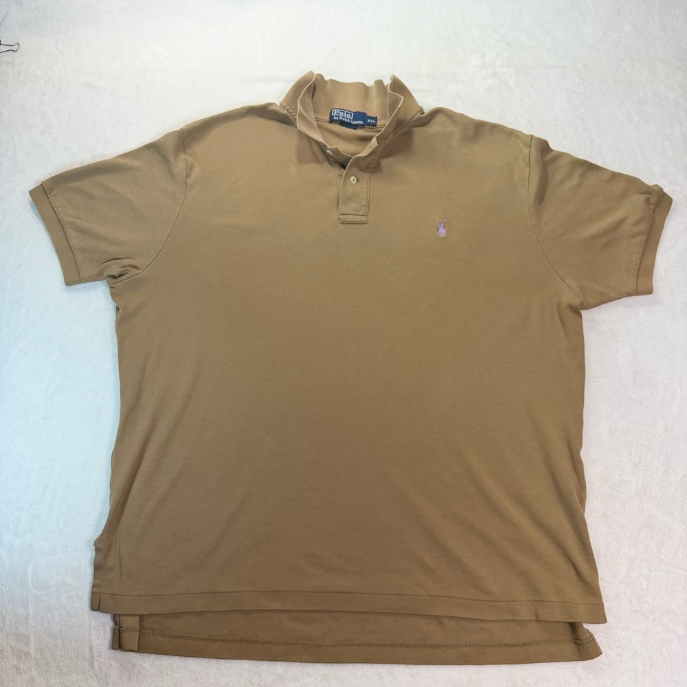 Polo Ralph Lauren Mens XXL Tan Khaki S/S VTG Cotton Polo Shirt Purple Pony